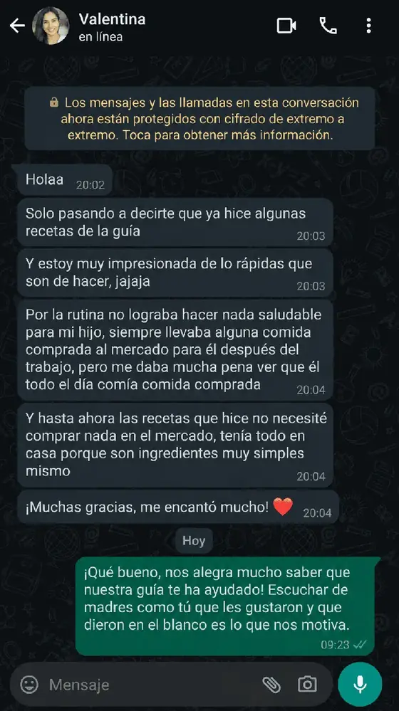 Testimonio de Valentina en WhatsApp